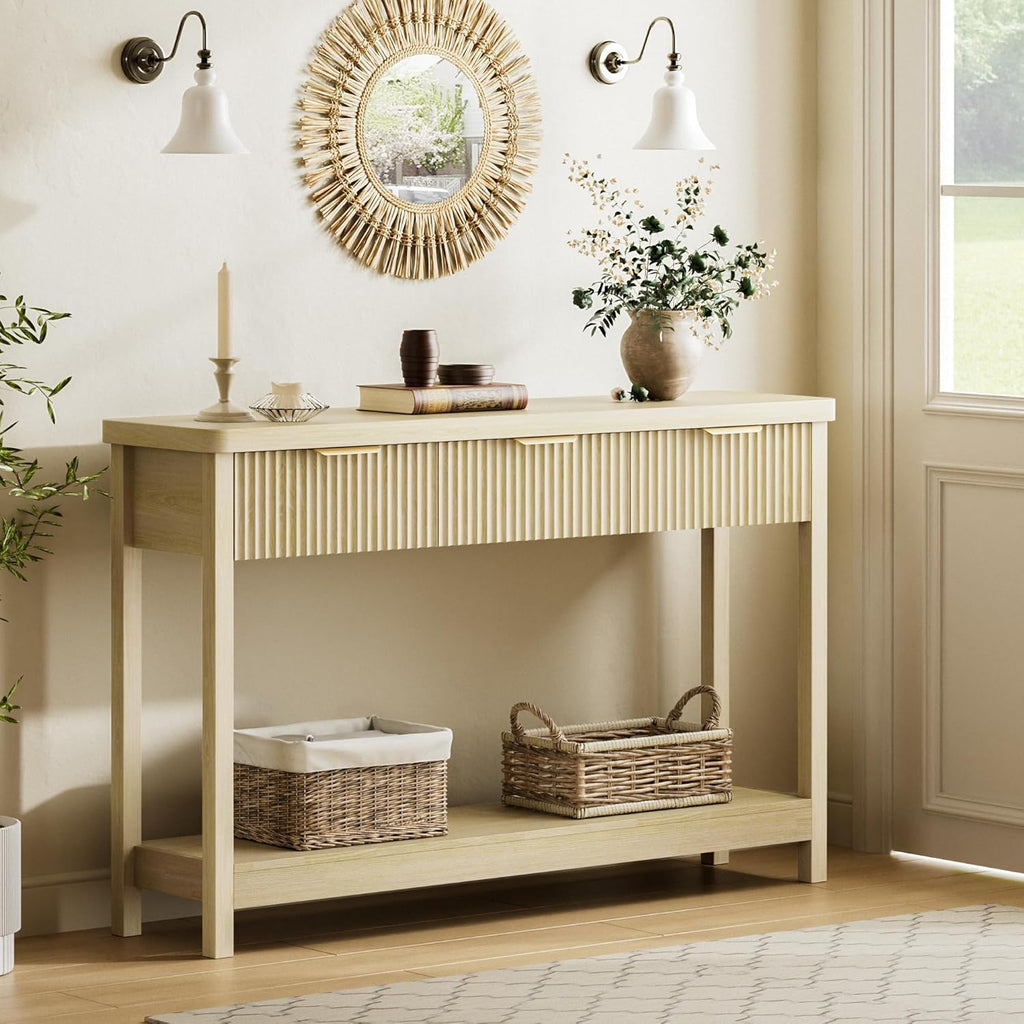 Fluted Console Table, 51 Inch Entryway Table with 3 Drawers | Scandi farmhouse look with quiet full-extension slides