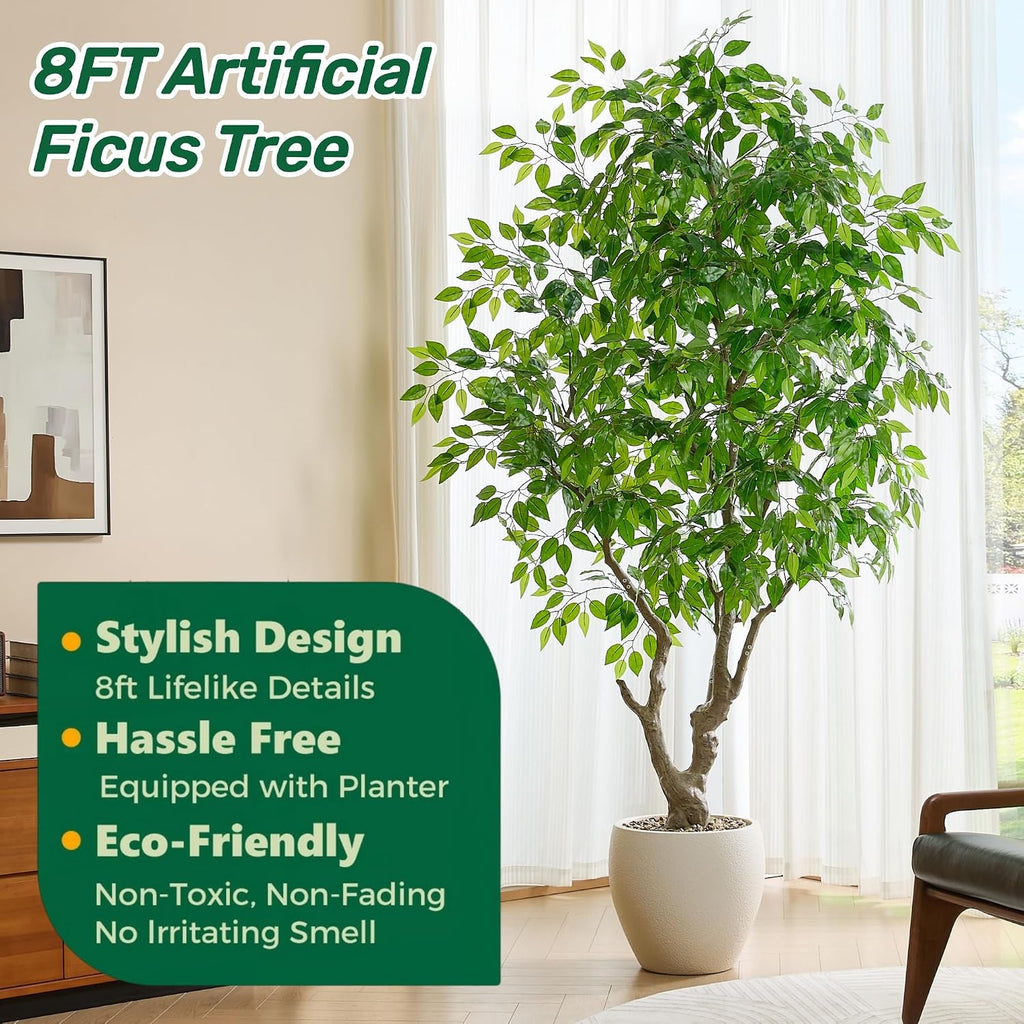 8FT Artificial Ficus Tree with White Planter, Faux Banyan Tree