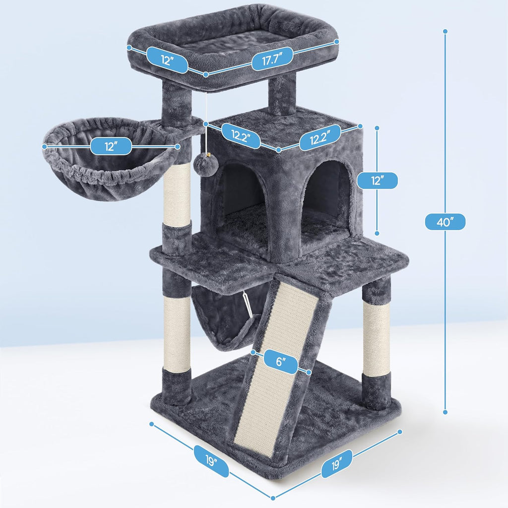 Cat Tree Tower, 40-Inch Condo with Hammock, Oversized Soft Platform, Scratching Board, Basket