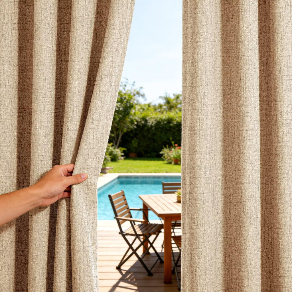 Outdoor Curtains Waterproof, 1 Panel Non-See-Through Linen Curtains with Grommet Top Indoor Outdoor Drapes for Gazebo