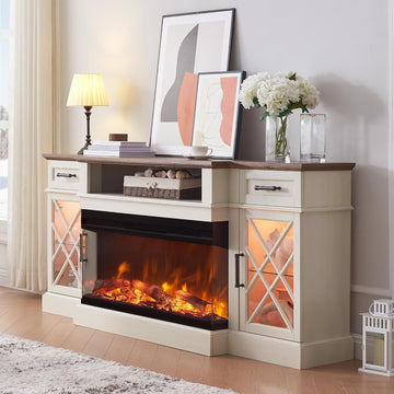 3-Sided Glass Farmhouse Electric Fireplace TV Stand for TVs up to 80'', Highboy Entertainment Center with Glass Door Storage Cabinet, 70'' Large TV Stands with 36'' Fireplace, Antique White