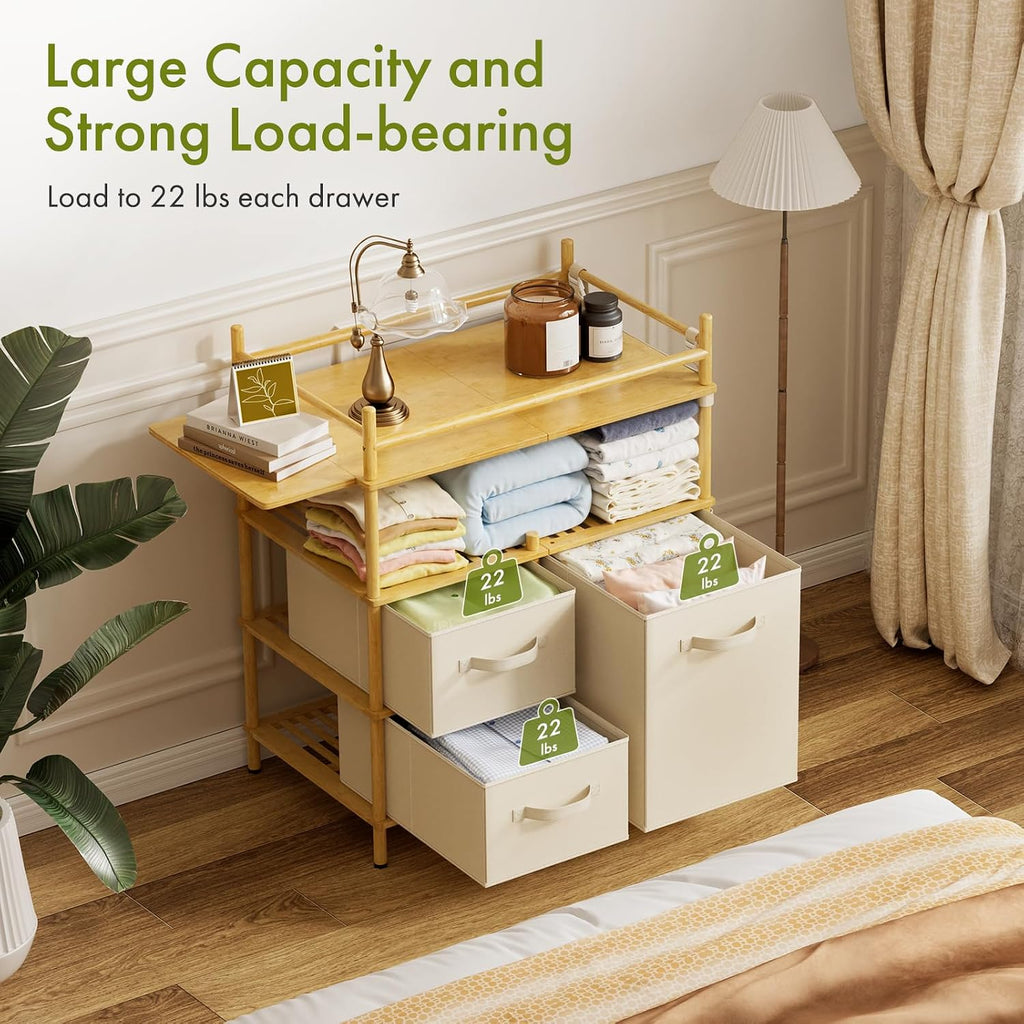 Baby Changing Table, Bamboo Baby Dresser Table with Flat Top, Diaper Changing Station with 3 Removable Storage