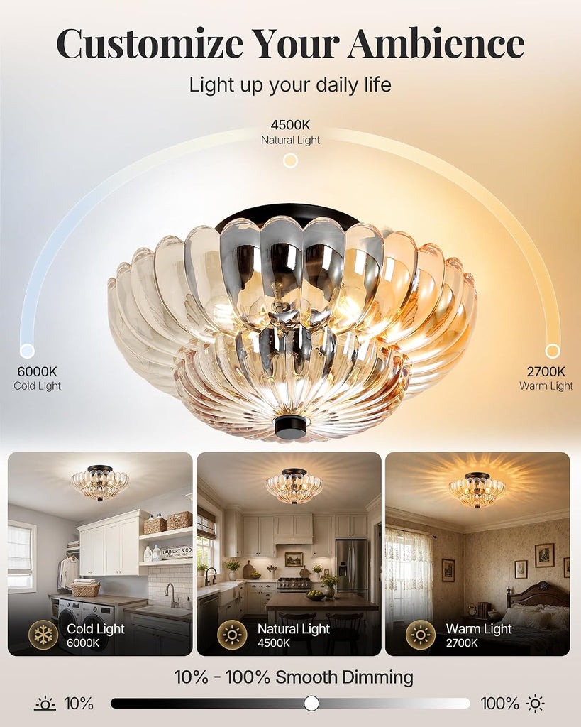 Semi Flush Mount Ceiling Light Fixture 11.8" Vinatge Black Ceiling Lights Mid Century Modern Glass Close to Ceiling