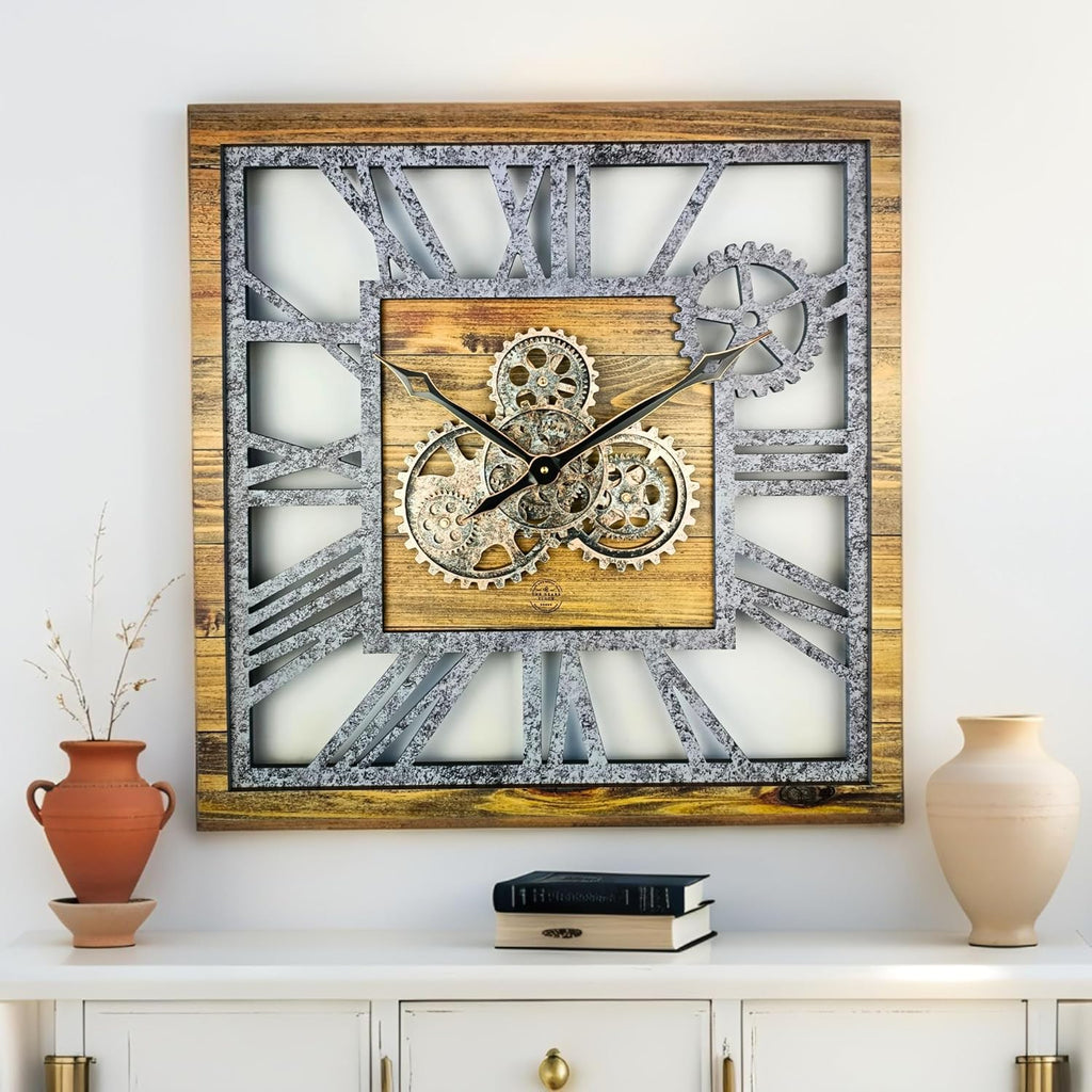 ImprovingLife The Gears Clock 24'' Inch Square Real Moving Gear Wall Clock Vintage Industrial Oversized Rustic Farmhouse (Wood and Stone)