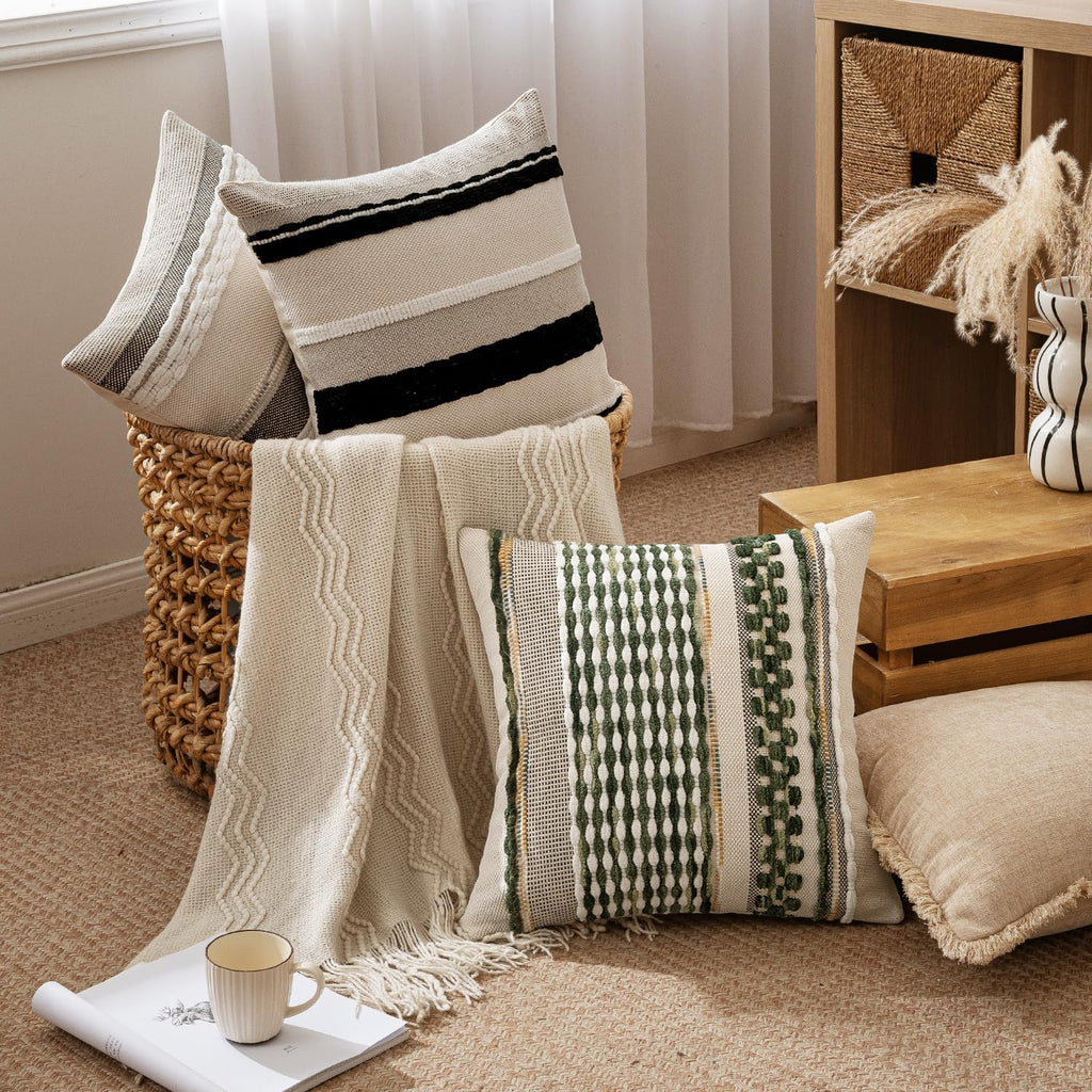Pack of 2 Boho Decorative Throw Pillow Covers 18x18 Farmhouse Cushion Case Striped Chenille Pillow Cases Square