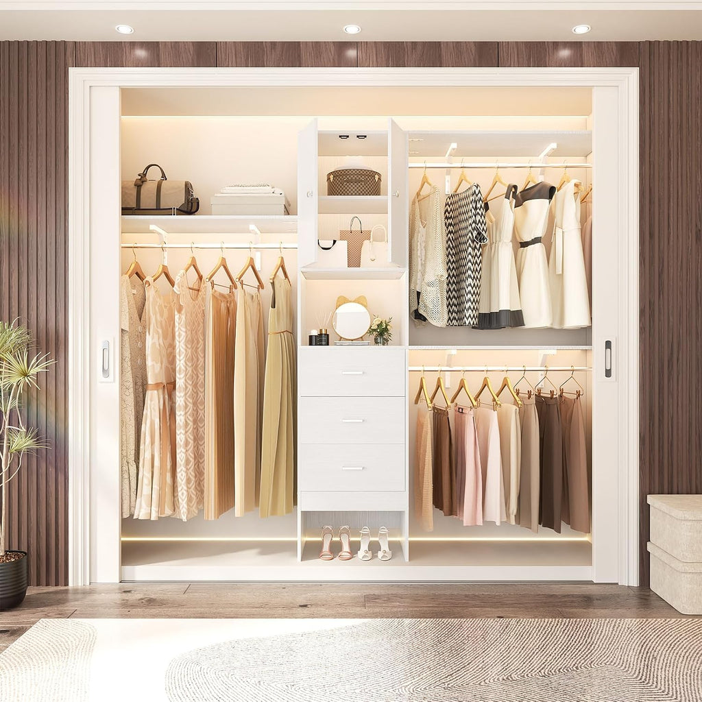 96 Inches Closet System with Doors, 8FT Walk In Closet Organizer with 3 Shelving Towers, Heavy Duty Clothes Garment