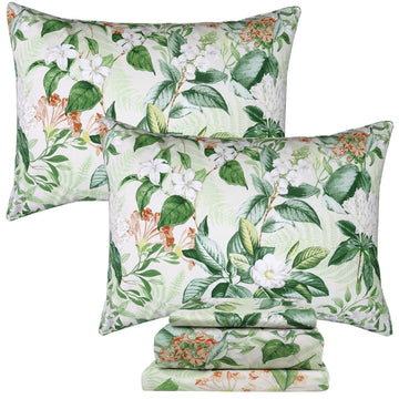 Green Floral Sheet Set King, 100% Cotton Pink Flower Printed Sheets Green Leaves Pattern Sheets Botanical Shabby