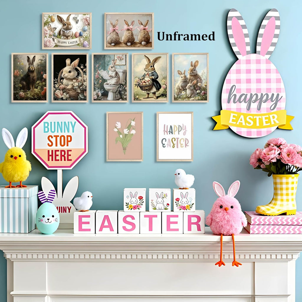 Vintage Easter Bunny Wall Art, Cute Rabbit Canvas Print Prints, Rustic Farmhouse Spring Easter Wall Decor - Set of 9