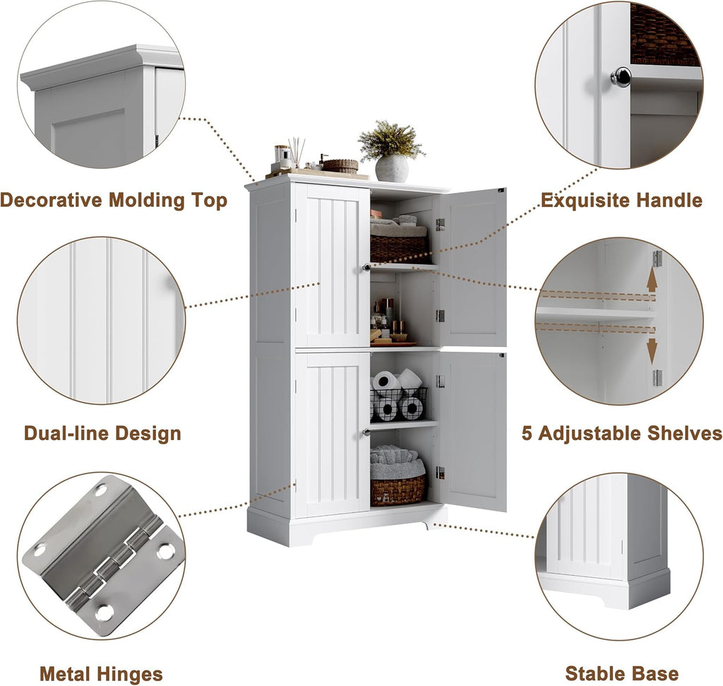 Bathroom Floor Cabinet with Adjustable Shelves | Bathroom Storage Cabinet, 4 Doors, Freestanding Cupboard , White