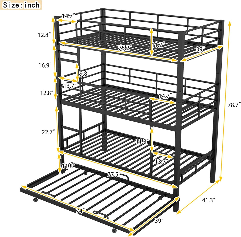 Triple Bunk Bed with Trundle Guardrail & Ladder Twin Metal, No Box Spring Needed, Easy Assemble