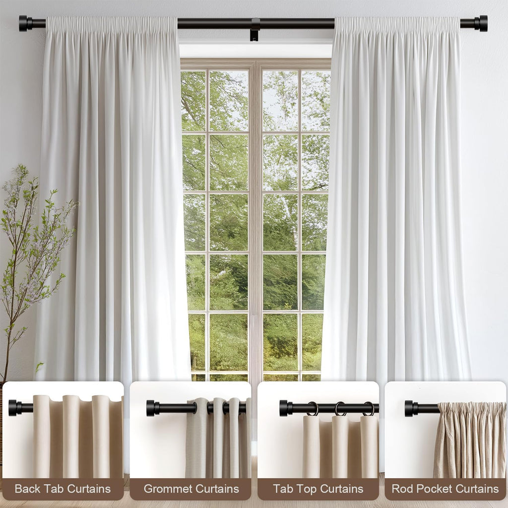 Modern Black Curtain Rods for Windows 66 to 120 Inches Adjustable Length Heavy Duty 1" Diameter Window Curtain Rod