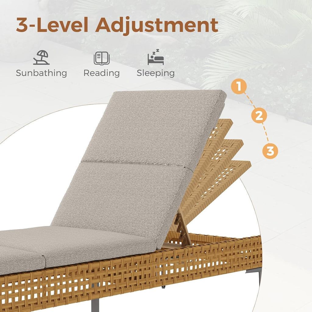 Wicker Outdoor Chaise Lounge, 3 Adjustable Positions, Cream | 3-position recline wicker chaise lounge, weatherproof