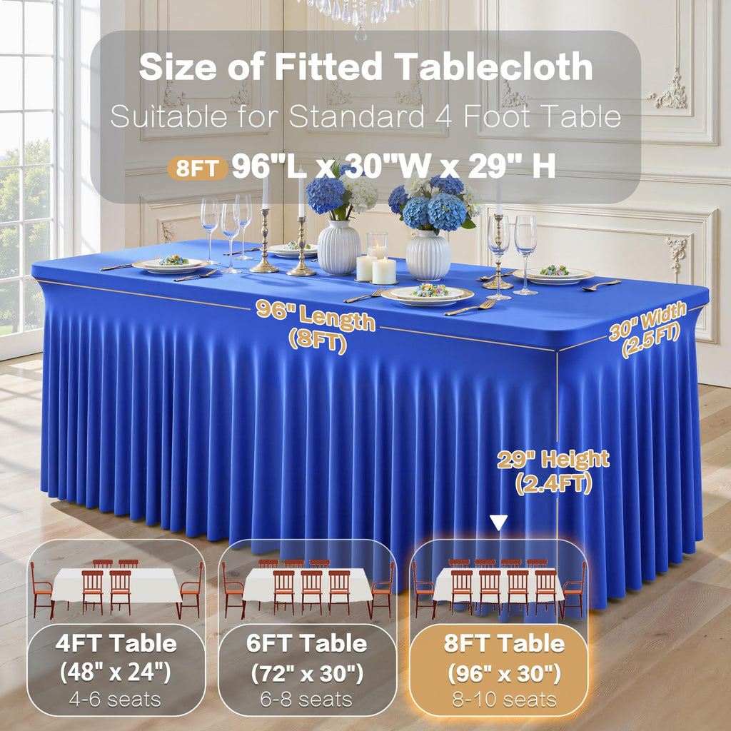 2 Packs Royal Blue Tableclothes for 8 Foot Rectangle Table, Wrinkle Free Spandex Tablecovers 8FT Stretch Fitted Table