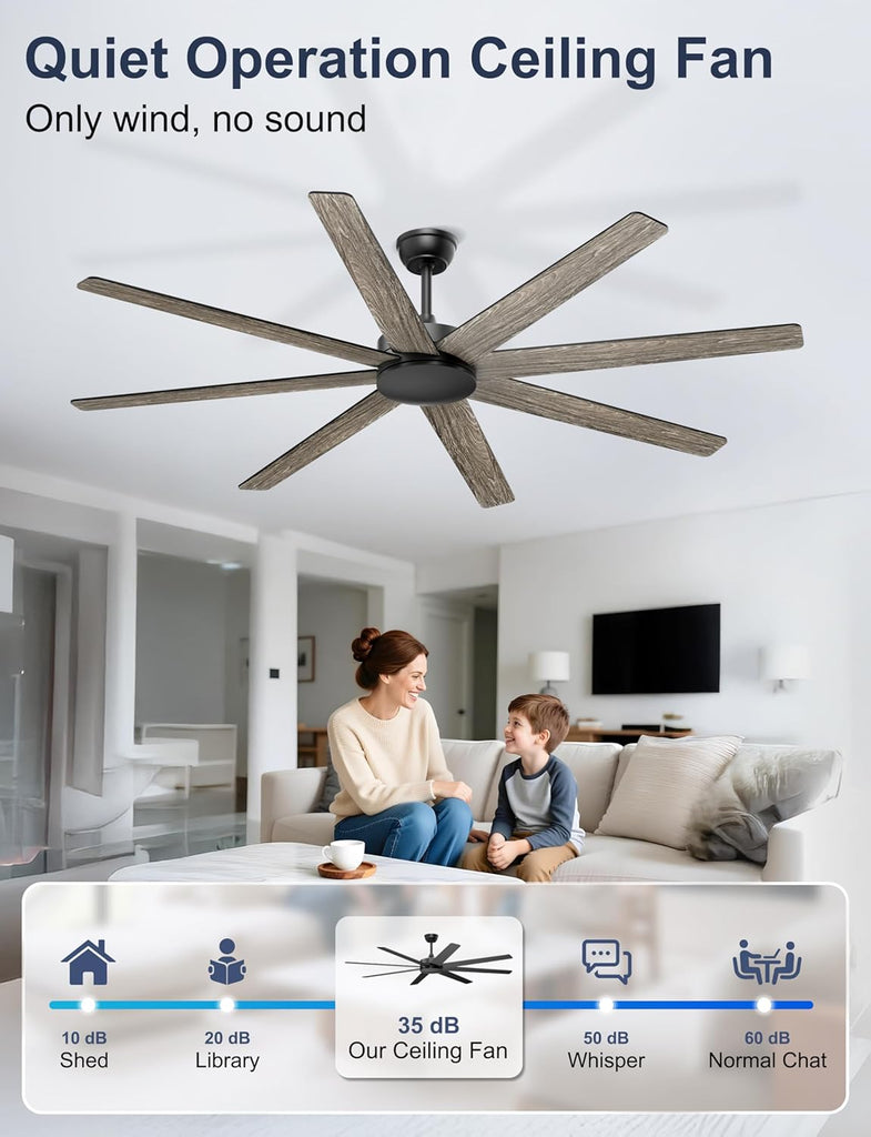 72'' Large Ceiling Fans No Lights, Modern Black Ceiling Fan Remote/APP Control