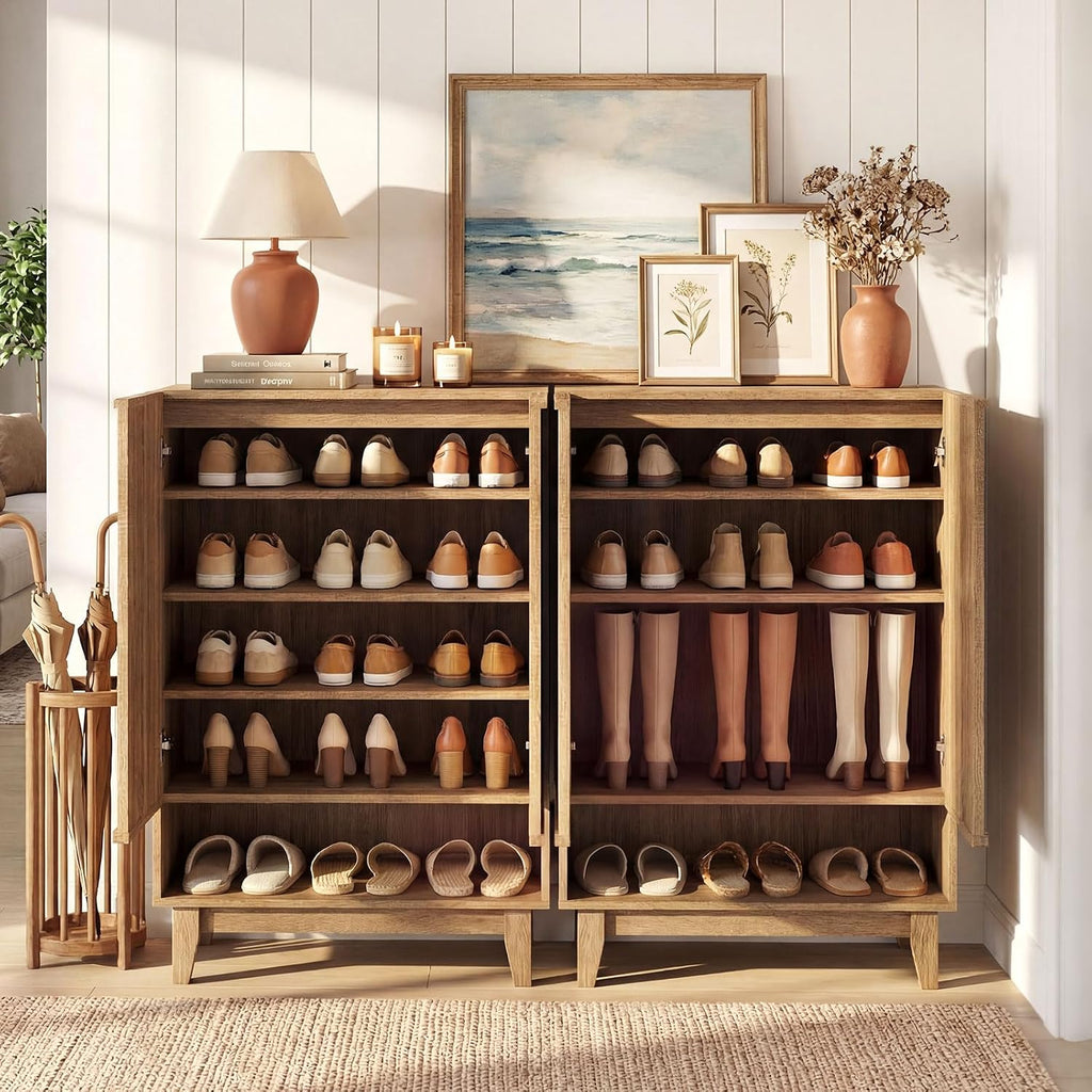 Shoe Cabinet with 2 Fluted Doors, 5-Tier Wooden Shoe Rack Organizer Cabinet with Removable Shelves, Freestanding Shoe