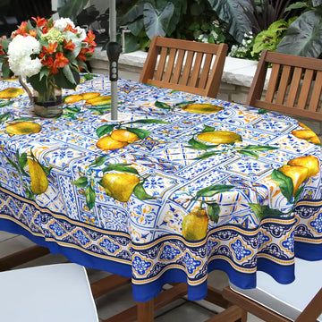 Blue Outdoor Tablecloth with Umbrella Hole for Oval Table, Waterproof Lemon Patio Table Cloth with Zipper - 60 x 84