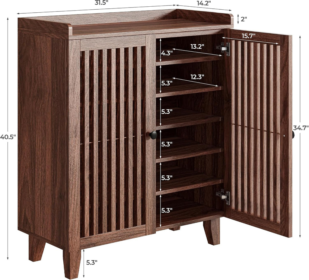Shoe Cabinet with Slatted Doors, 6-Tier Shoe Storage Cabinet with Adjustable Shelves, Wooden Shoe Rack Organizer