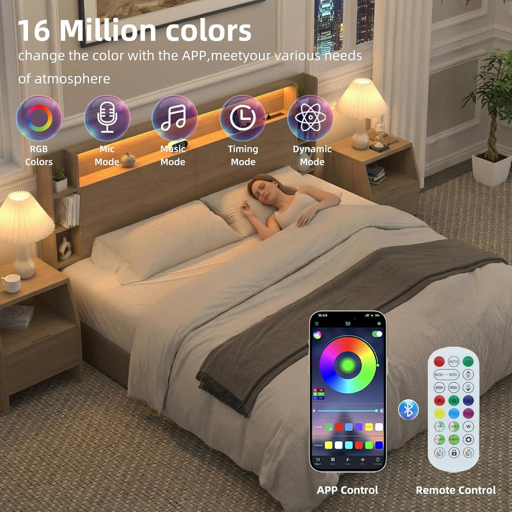 King Wall Mount Solid Wood Leg Headboard with Storage | Headboard Only,USB Charging,Rgb Light,Modern