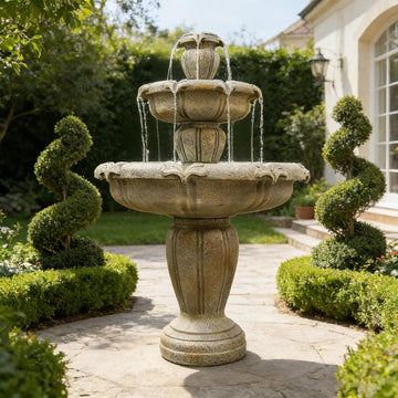48" Water Fountain Outdoor - Large Waterfall Fountain Outside, 3-Tiers Cascading, Fiber Reinforced Concrete