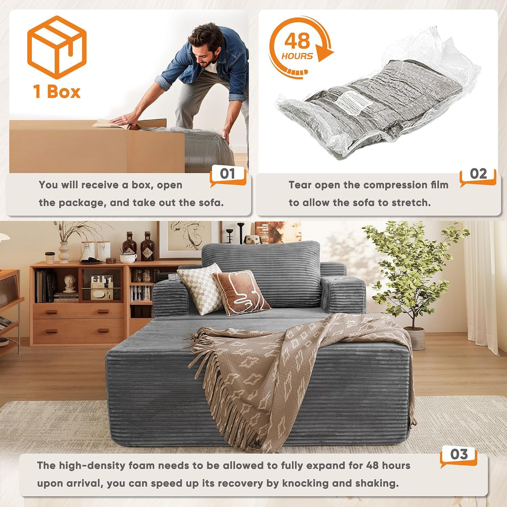 Oversized Chaise Lounge Chair, Cloud Couch with Fluffy Upholstered, Deep Seat Sleeper Sofa Bed with Two Cup Holders