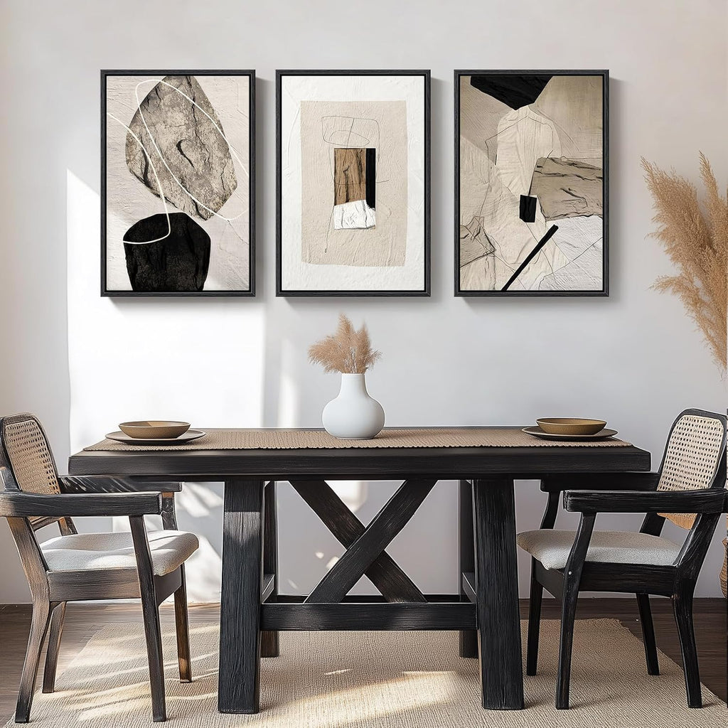 Large Framed Neutral Abstract Wall Art, 3 Piece Modern Canvas Prints Paintings Artwork for Walls, Minimalist Black