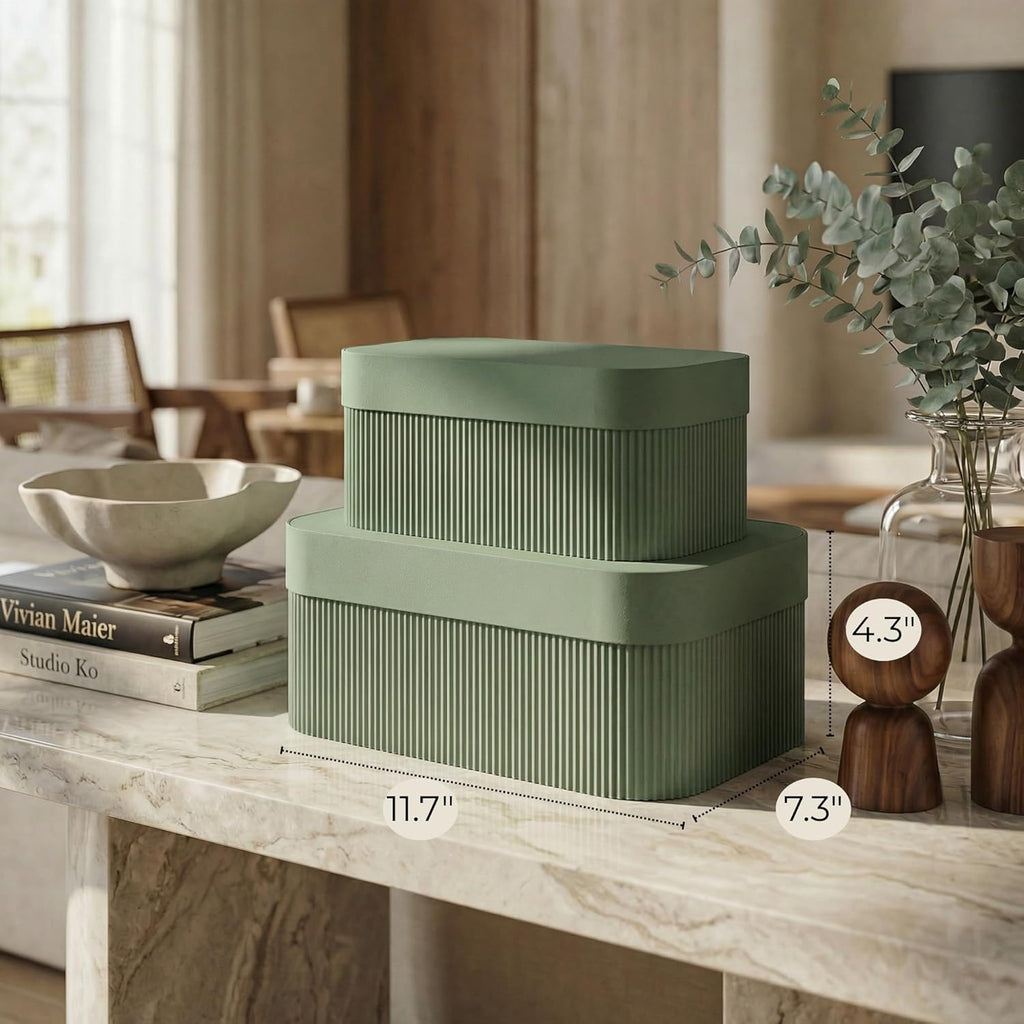 Decorative Storage Boxes with Lids - Set of 2 Beautiful Fluted Photo Organizer Bins for Your Home Bookshelf Decor to