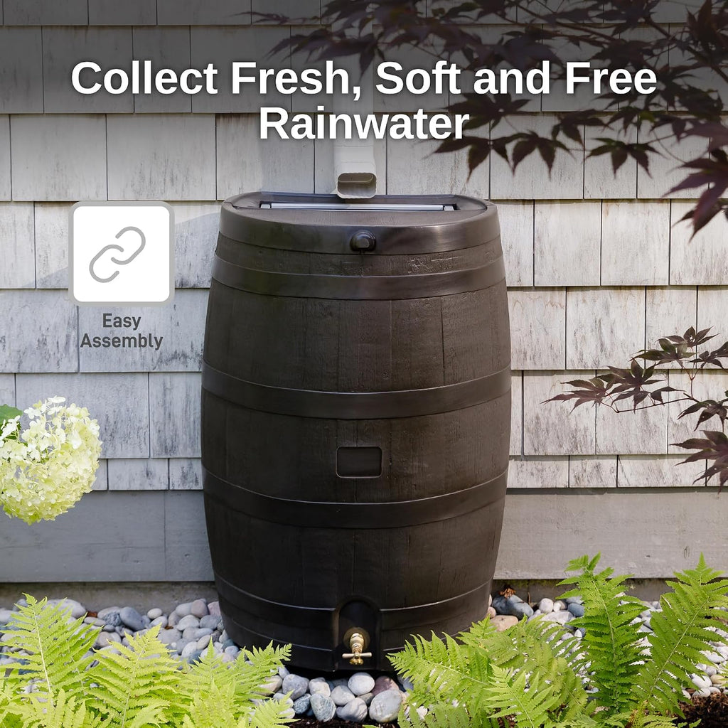 50-Gallon Rain Barrel with Brass Spigot, Flat Back Rain Water Collection Barrel, Walnut Color