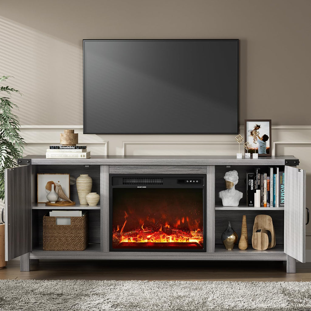 Fireplace TV Stand with Two Barn Doors and Storage Cabinets for Televisions up to 65+ Inch, Entertainment Center