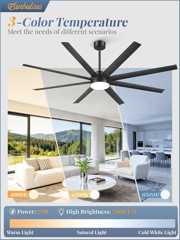 72 Inch Large Ceiling Fans with Lights, Black Ceiling Fan with Remote Control, Dimmable, 3CCT, Quiet