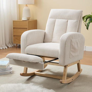 Nursery Rocking Chair, Corduroy Upholstered Rocking Chair with Adjustable Footrest, Tufted Rocker Chair with Side
