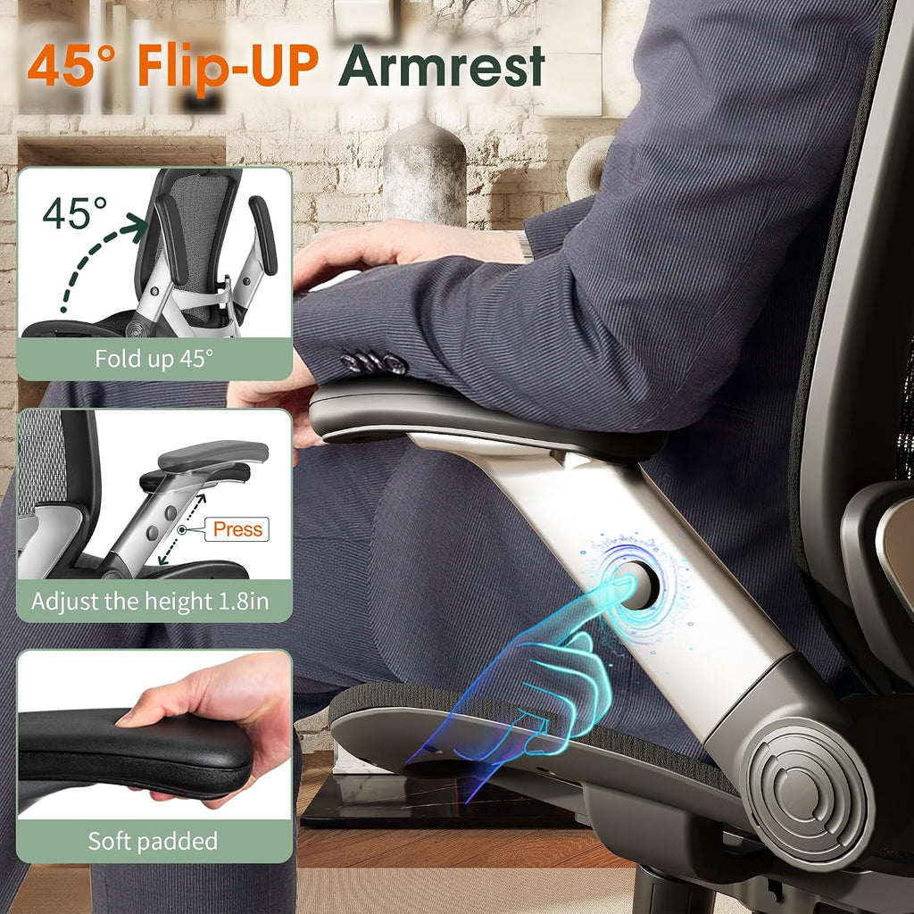 Ergonomic, High Back Home Desk Chair with Headrest, Flip-Up Arms, 90-120° Tilt Lock and Wide Cushion, Big and Tall