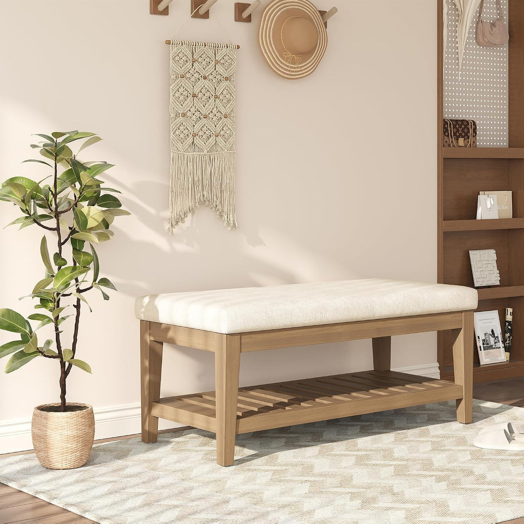 45" Shoe Rack Bench with Cushion, Solid Rubberwood Entryway Bench with Shoe Storage, Modern Chenille Upholstered Shoe