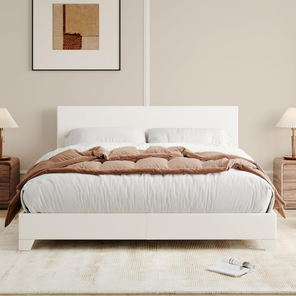 Full Bed Frame with Adjustable Headboard, Faux Leather Platform Bed with Wood Slats, Heavy Duty Mattress Foundation
