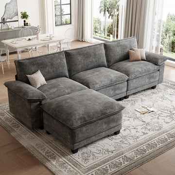 Modern L Shaped Sofa Couches , Modular Sectional Cloud Couch with Movable Ottoman, Comfy Chenille Sofa , Dark Gray