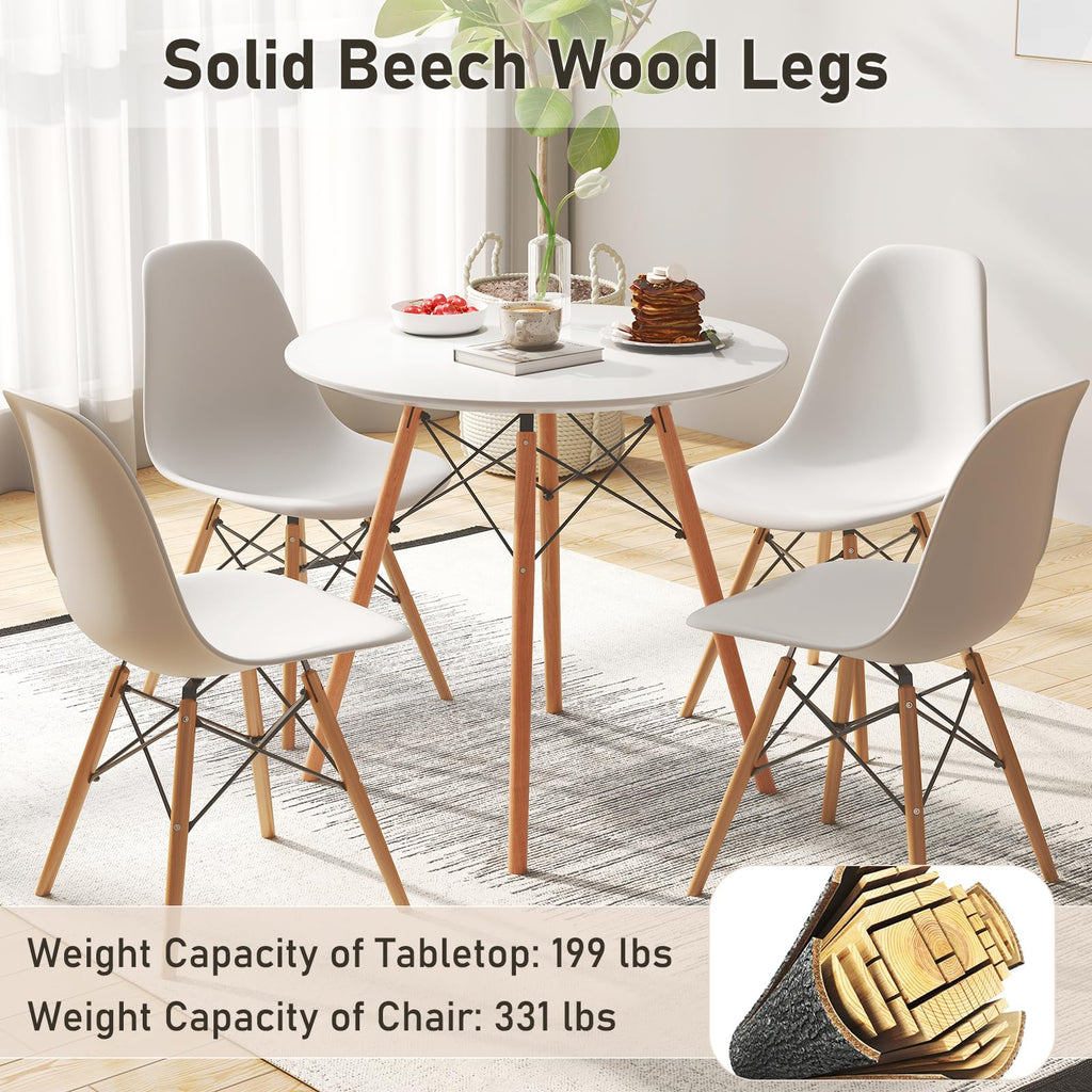 Round Dining Table Set for 4, Modern Circle Kitchen Table & 4 Chairs with Ergonomic Seats and Solid Wood Legs