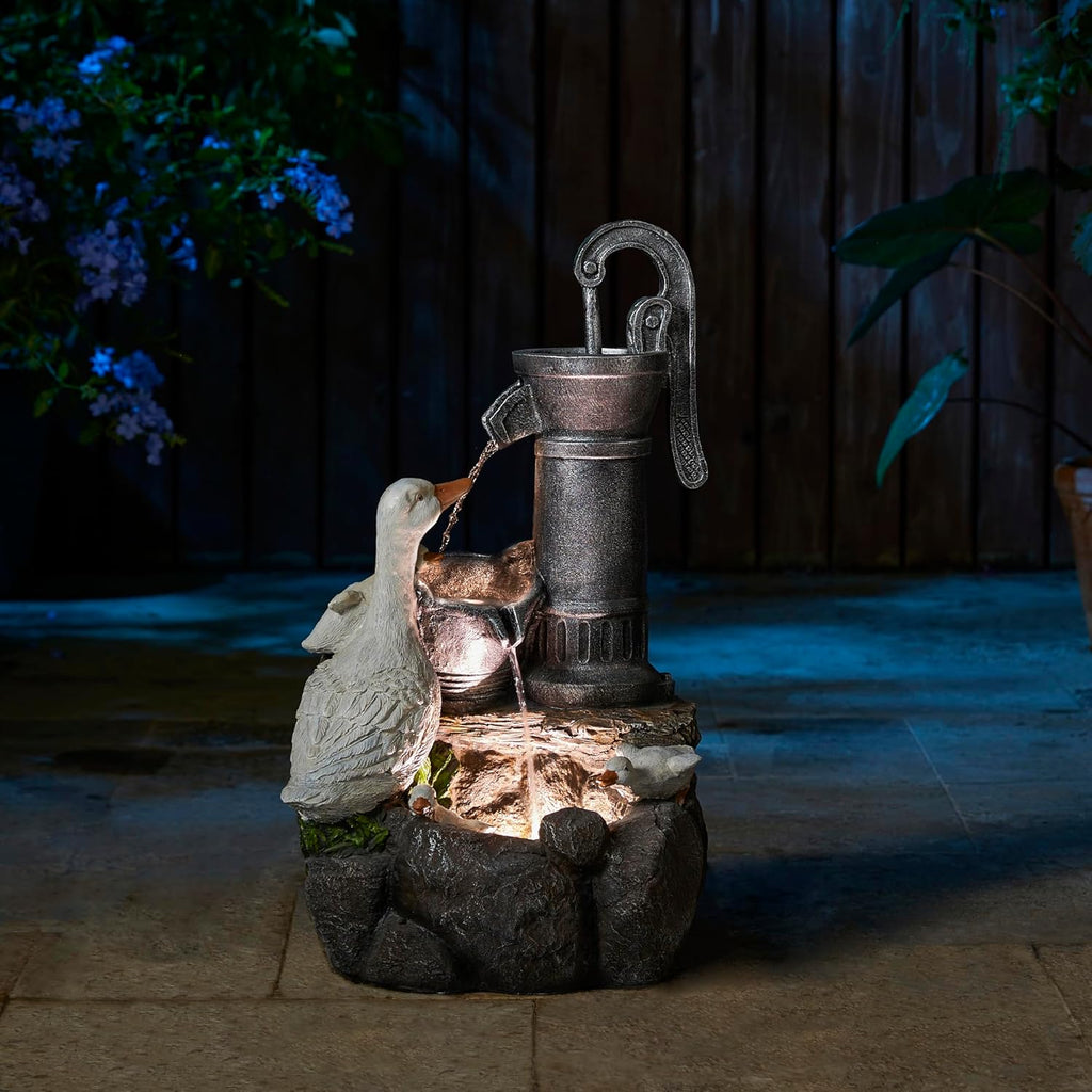 24" Farmhouse Duck Outdoor Fountain with LED & Pump - 2-Tier Cascading Water Fountain for Outside Garden Decor
