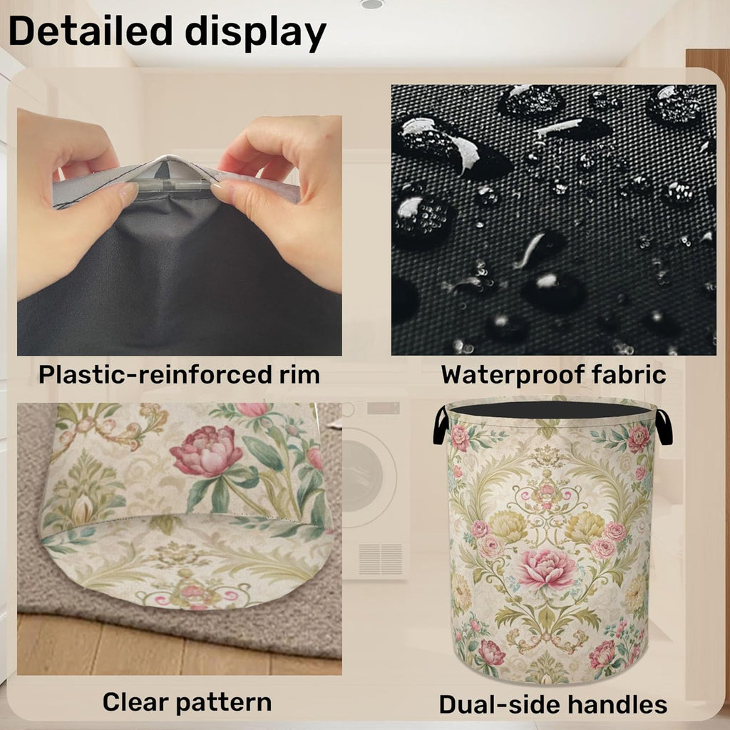 Shabby Chic Rose Laundry Basket with Handles - Extra Large Foldable Hamper /Laundry/Bedroom/Dorm, Washable Fabric