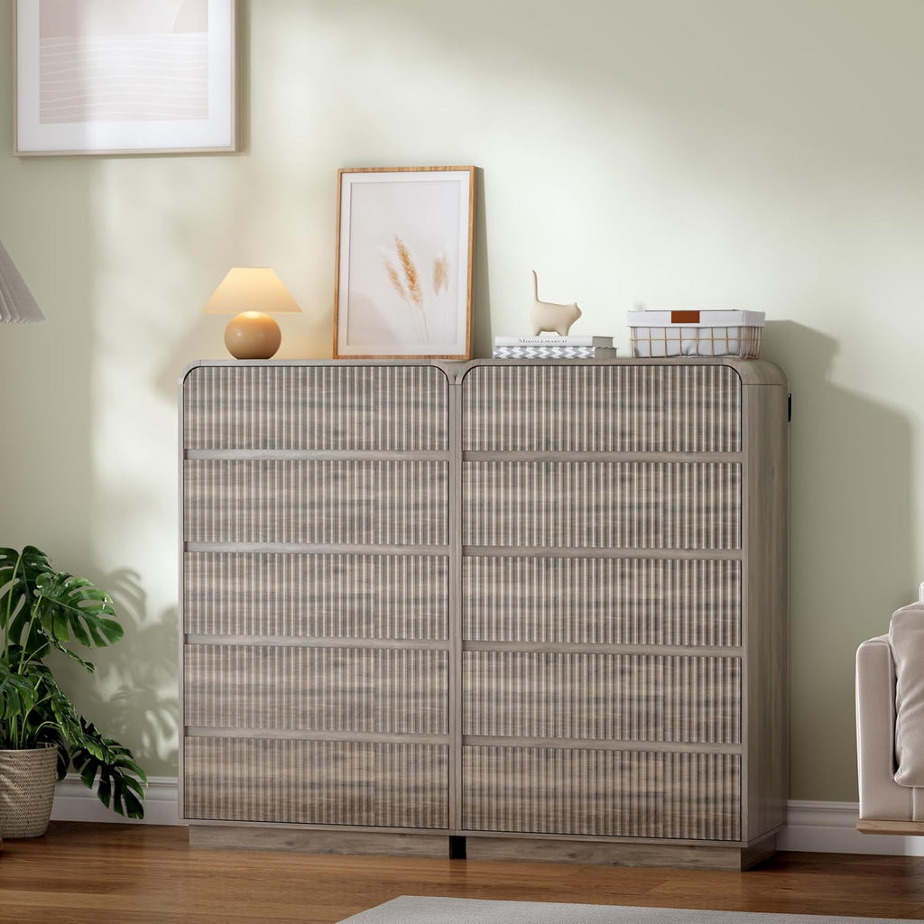 Grey Dresser Fluted Tall 5 Drawer Dresser , Wood Chest of Drawers with Hidden Handles & Rounded Corners, Modern