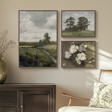 3 Piece Framed Vintage Landscape Canvas Wall Art Set, Large Green Tree and Floral Farmhouse Artwork for Walls, French