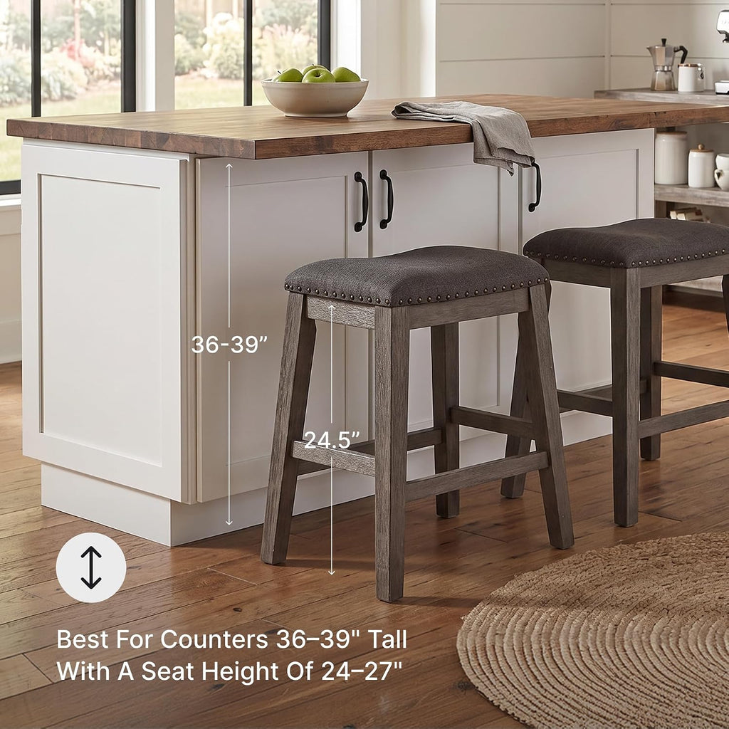 Caitbrook Rustic 24.4" Counter Height Upholstered Barstool, 2 Count, Gray