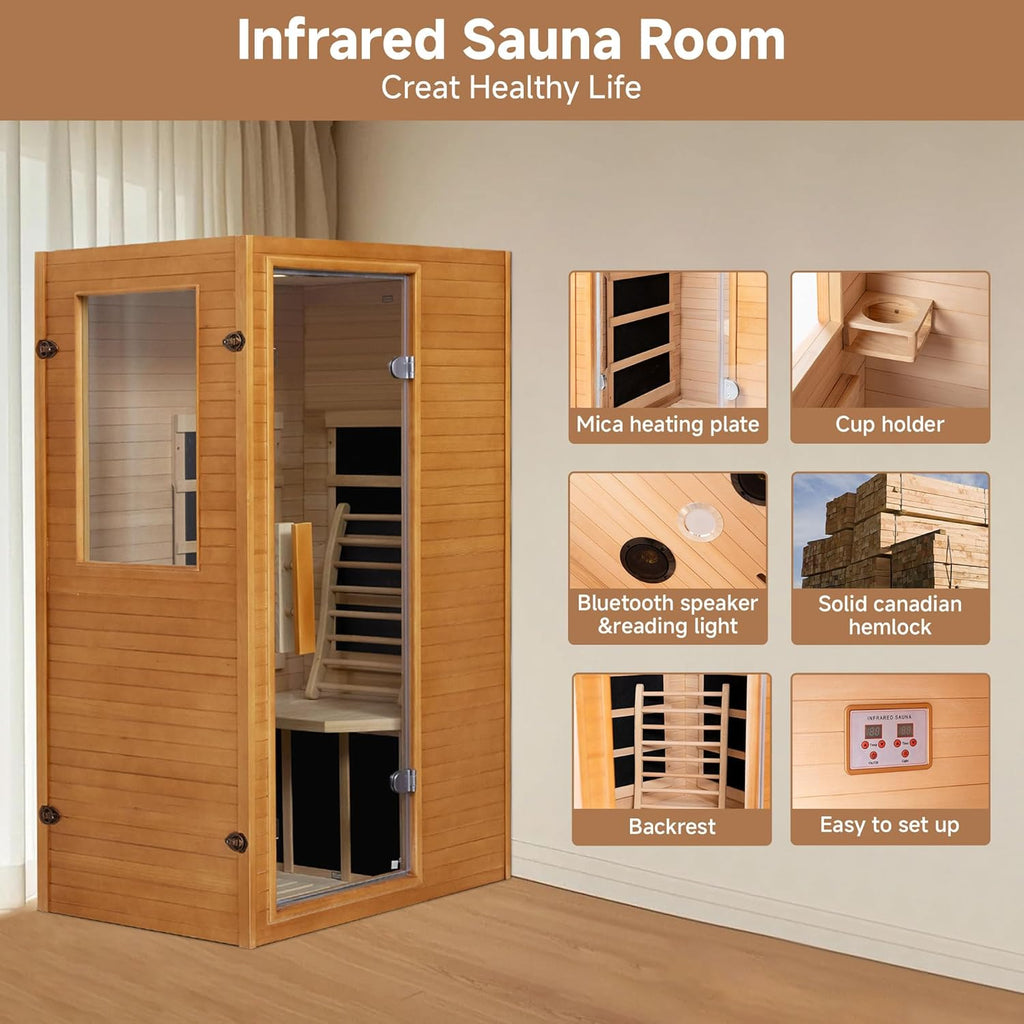 Infrared Sauna Home Sauna, Indoor Far Infrared Saunas for Home, 1 Person Canadian Hemlock Wooden Spa Room
