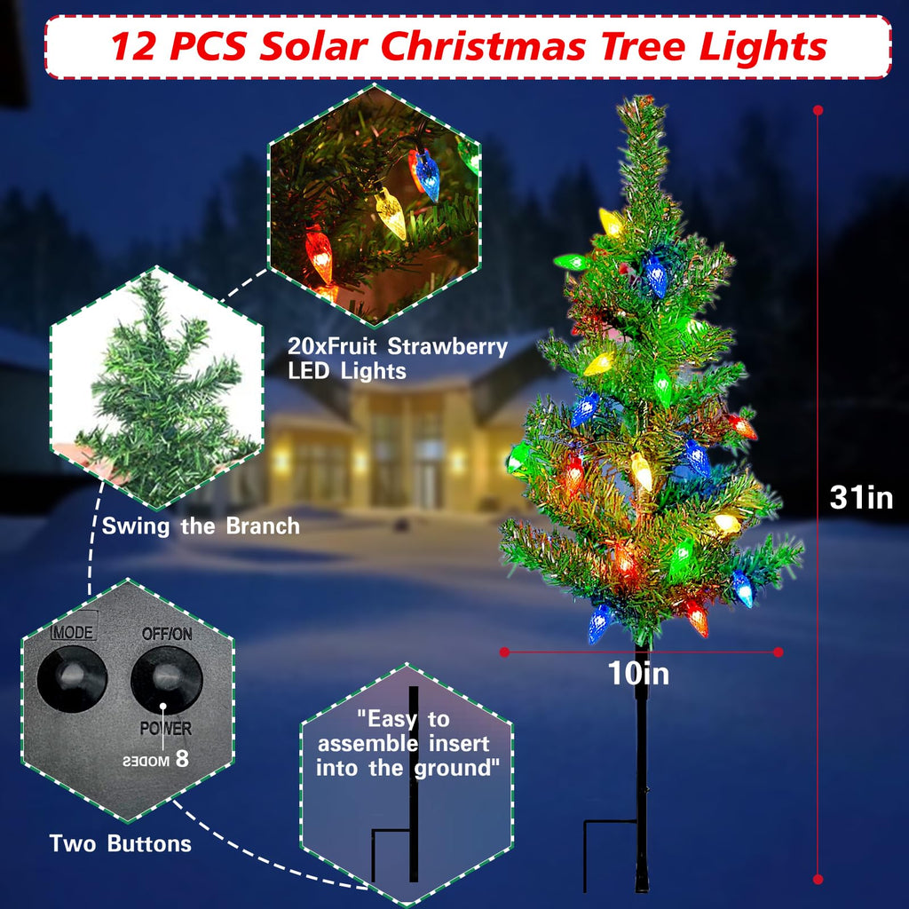 12 Pack Solar Christmas Trees Outdoor 240 LED Multicolor Lights