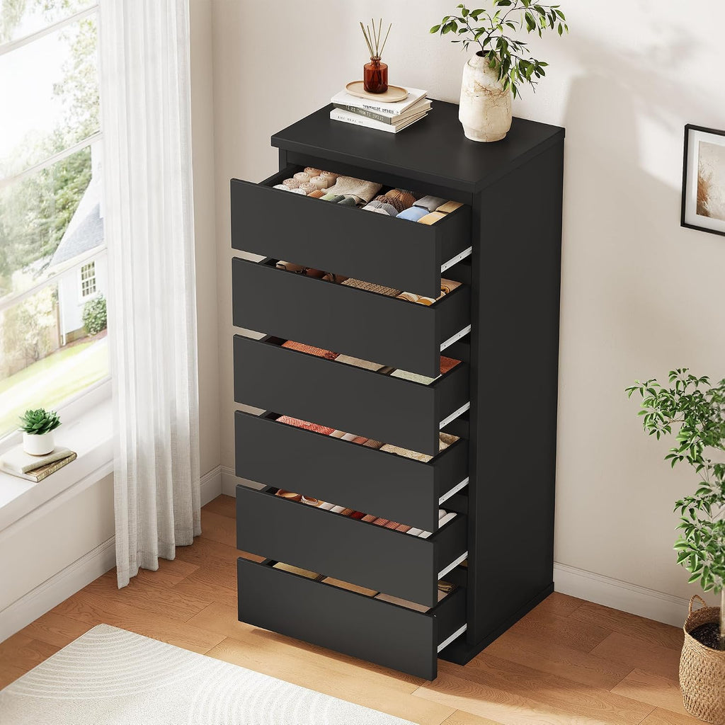 Black Dresser, 6 Drawer Dresser , Wooden Chest of Drawers with Handleless Drawers, 19.7" W x 15.7" D x 47.2" H