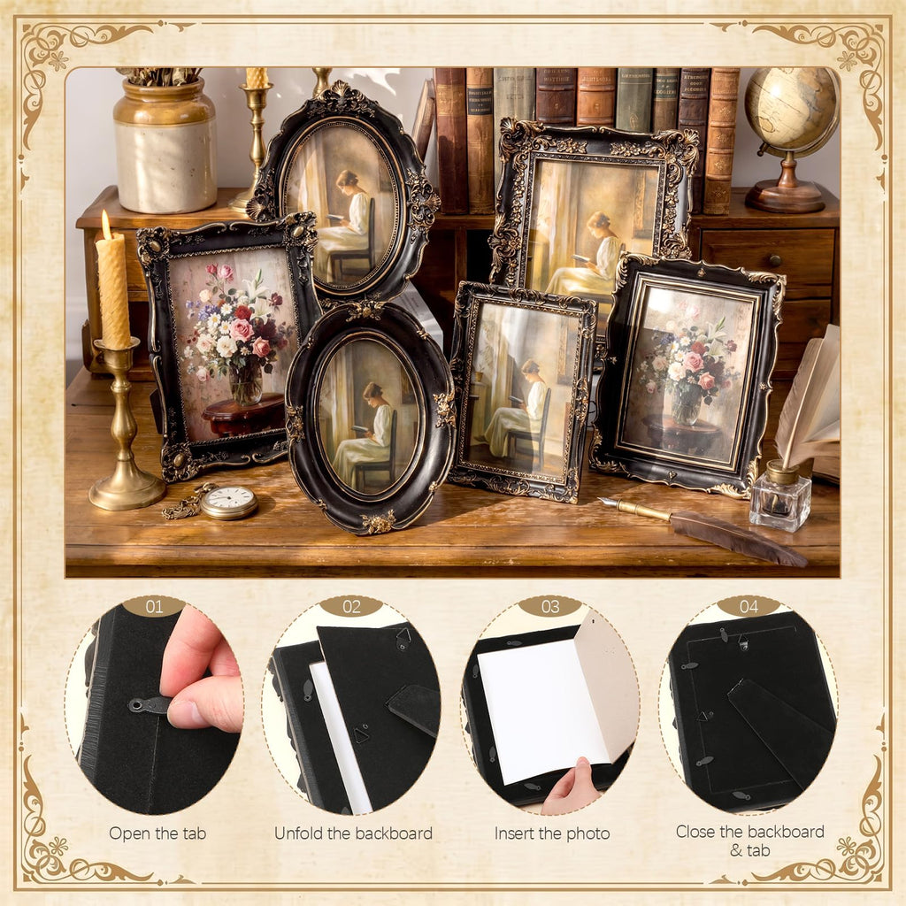 6 Pcs Vintage Picture Frames for Wall Tabletop, Black