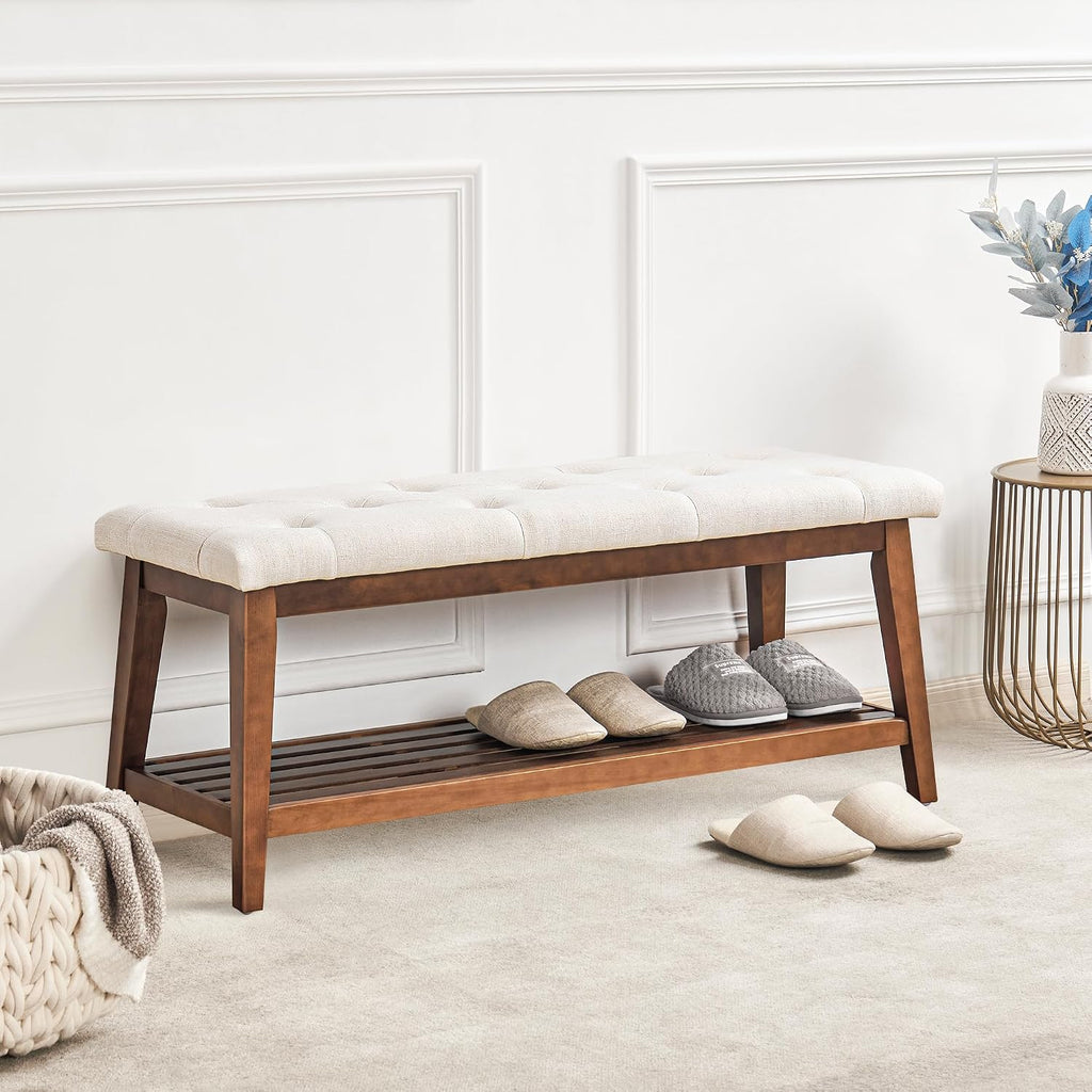 Kinkinmars Entryway Bench with Shoe Rack, 42.5" Bedroom Bench, Beige | 42.5-inch upholstered bench with built-in shoe