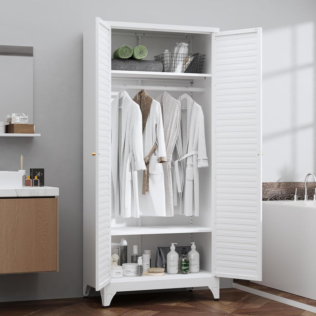71"Armoire Wardrobe Close,White Wardrobe Cabinet with Hanging Rod | Metal Closet Cabinet with Doors and Adjustable