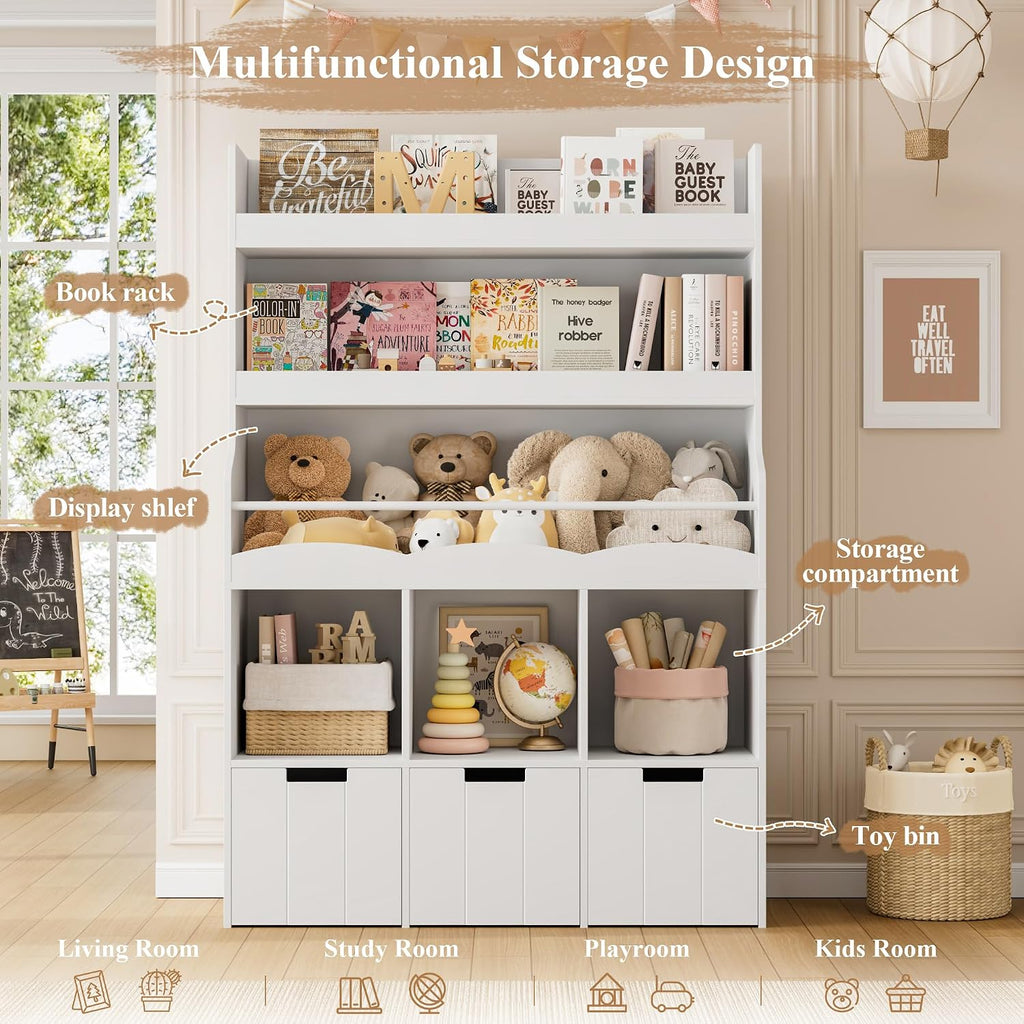 Toy Storage Organizer w/Bookshelf & Stuffed Animal Organizer, White | Large Toy Organizer with 3 Movable Storage