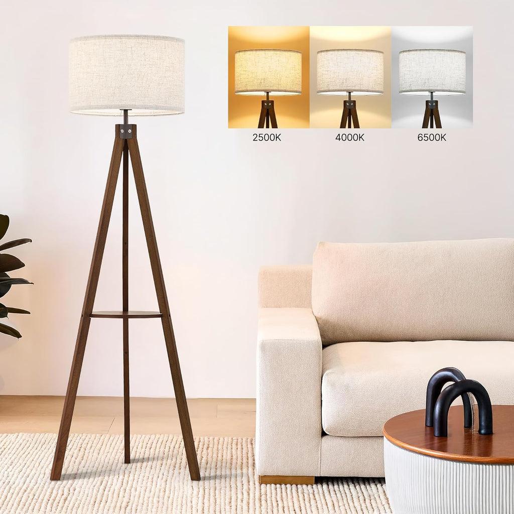 Tripod Floor Lamp with Table, Mid Century Wood Shelf Standing Light Modern Tall Floor Lamp with Linen Shade Bedroom