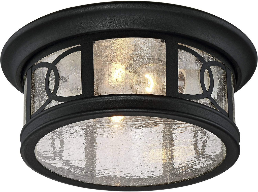 Capistrano Mission Flush-Mount Outdoor Ceiling Light Fixture Black 12" Seedy Glass Damp Rated for Exterior House
