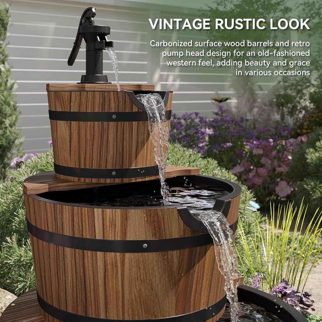 3-Tier Outdoor Water Fountain, Wood Barrel Cascading with Electric Decorative Hand Pump, Rustic Waterfall Fountain